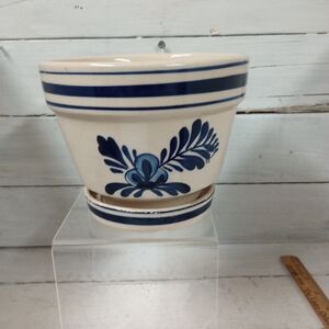 CDP Handcrafted Stoneware Planter Pot Blue Floral Striped Design Vintage Ceramic
